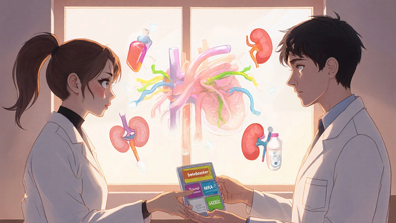 A pharmacist handing a patient a labeled pill organizer with four heart failure medications.