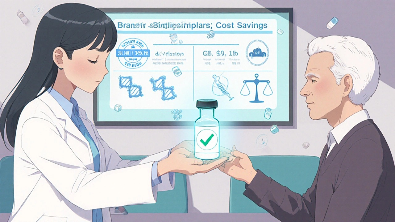A pharmacist hands a biosimilar vial to a patient in a clinic, with an FDA approval screen visible in the background.