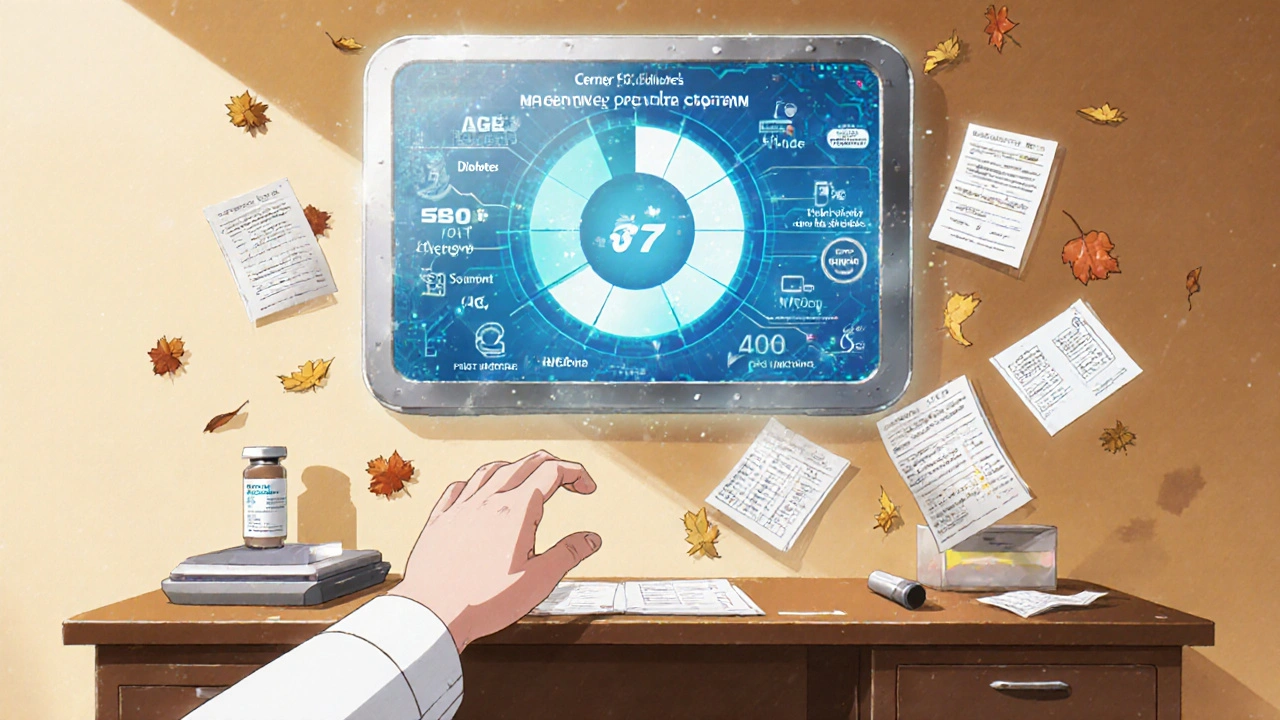 AI algorithm displaying personalized infection risk score above hospital desk with floating health data