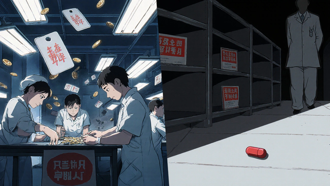 Chinese generic drug factory with falling price tags and empty hospital shelves in a split-panel scene.