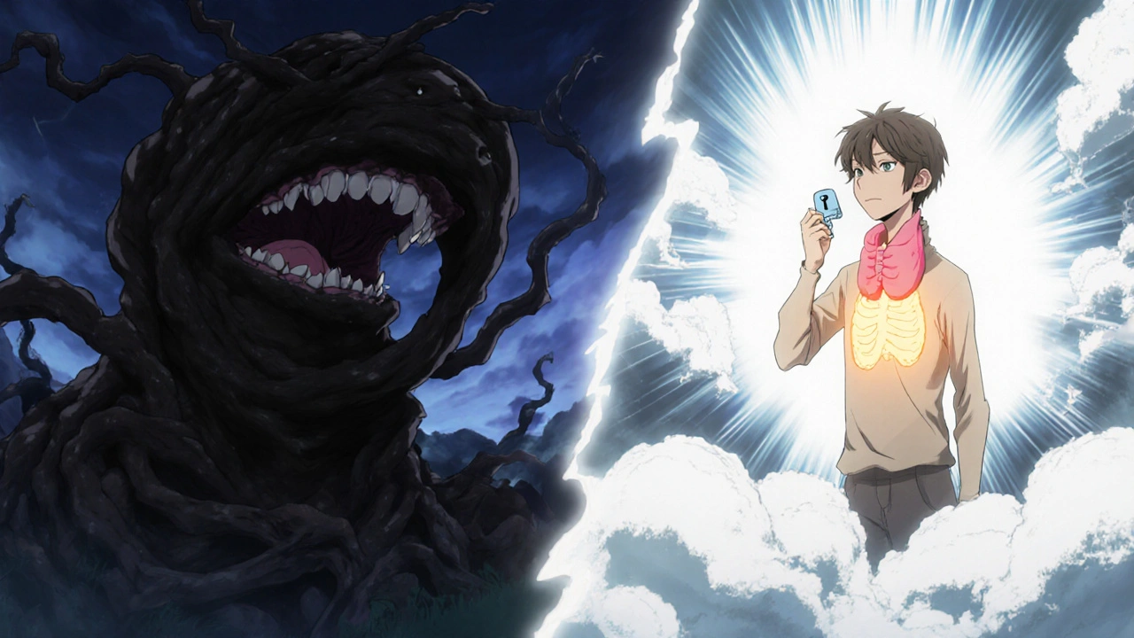 Contrasting images: large goiter causing distress versus healthy thyroid with iodine tablet as key.