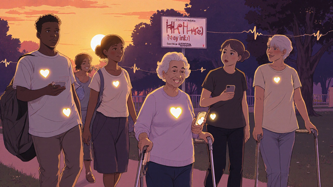 Diverse heart failure patients walking in a park, some with hidden monitoring devices, enjoying life together.