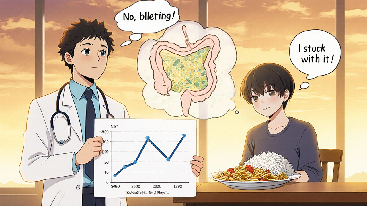 Doctor and patient smiling together with gut microbiome graphic and lowered HbA1c chart