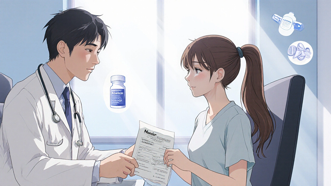 Doctor giving folic acid prescription as patient&#039;s hair regrows, medical pill icons in background