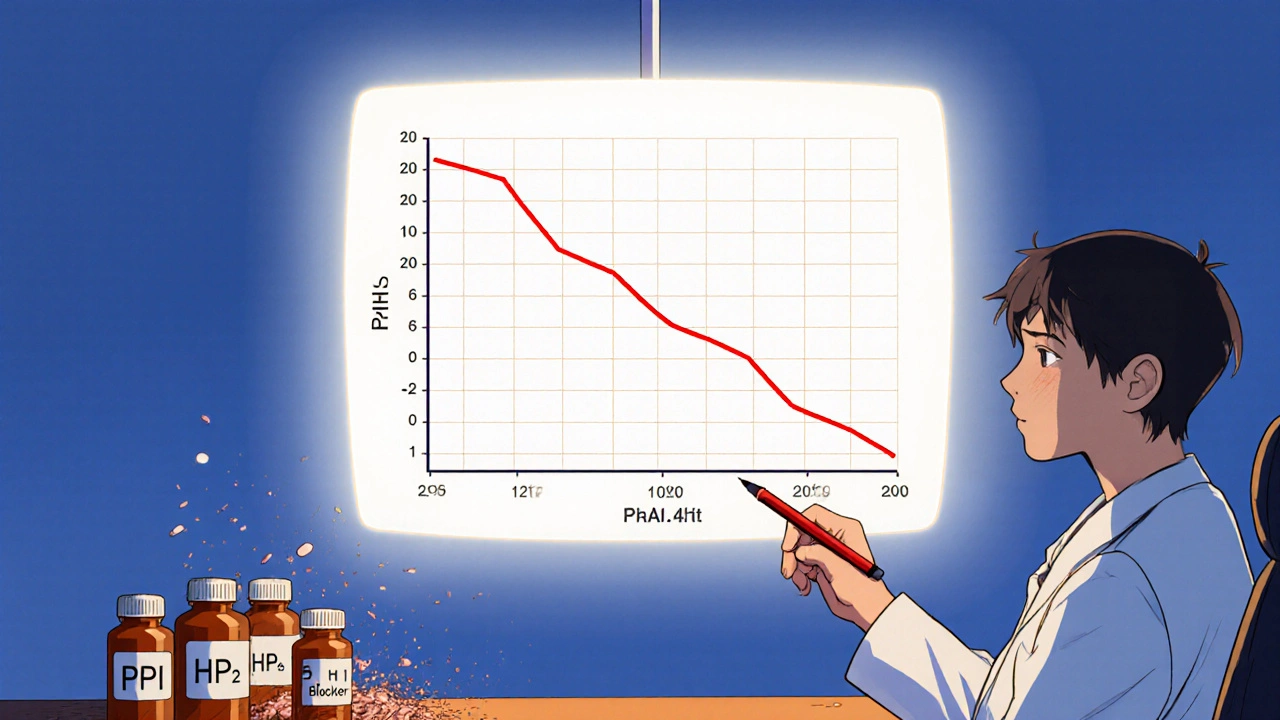 Doctor points to a pH monitor graph showing nighttime acid breakthrough, pill bottles crumbling behind.