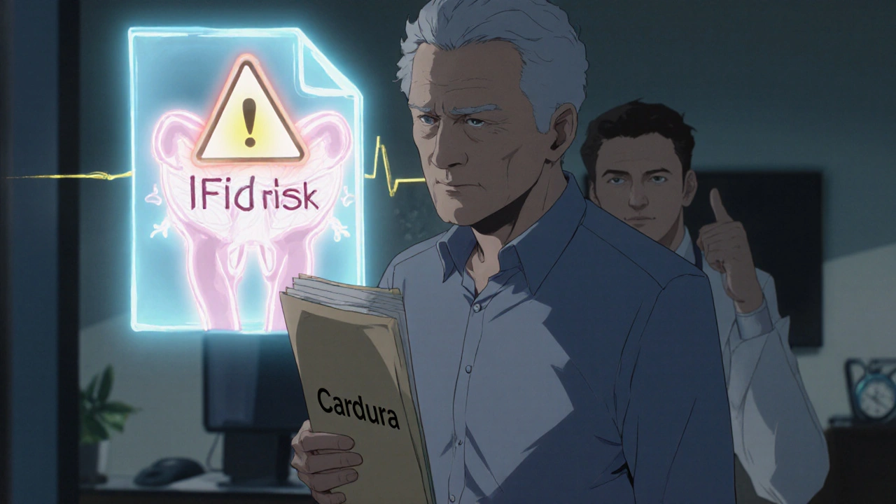 Elderly man entering eye clinic with Cardura warning symbol above him