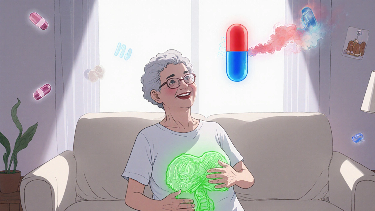 Elderly person doing pelvic exercises as a safe alternative to medication, with mirabegron capsule floating above.