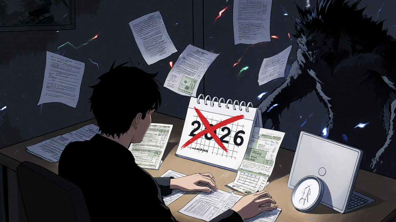 Freelancer facing a calendar marked 2026 with subsidy expiration and financial documents floating around.