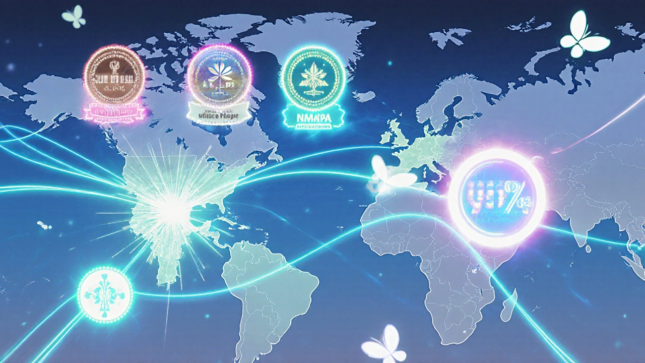 Global map showing generic drug supply chains from India to other continents with regulatory icons above.