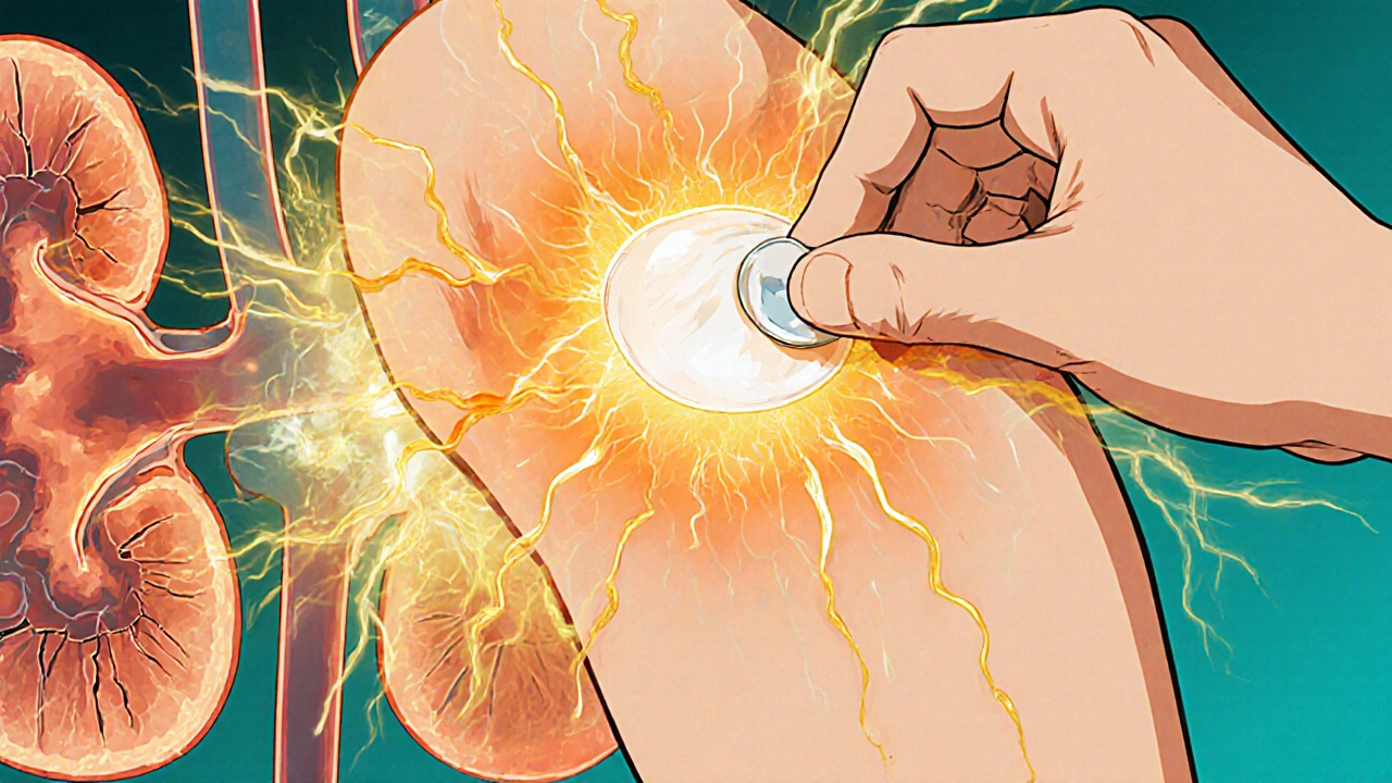 Hand applying pain relief gel with heat waves and healthy kidney tissue blooming nearby.