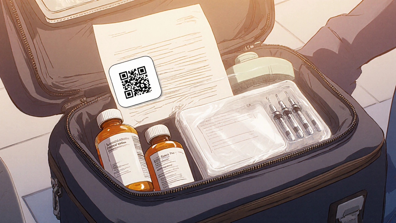 Open carry-on bag with medication bottles, doctor’s letter, and sharps container under airport lights.