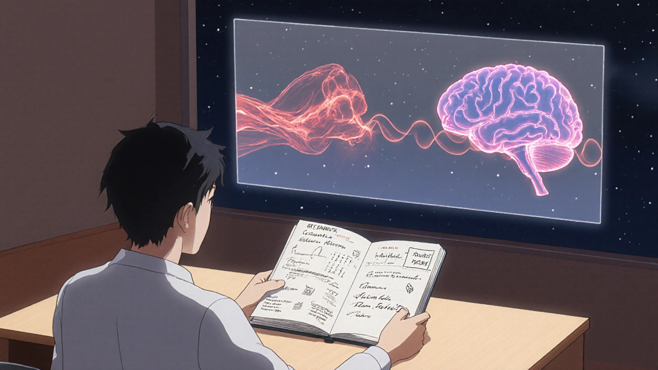 Patient and doctor in clinic, with transparent overlay showing muscle pain and disrupted sleep patterns in the brain.