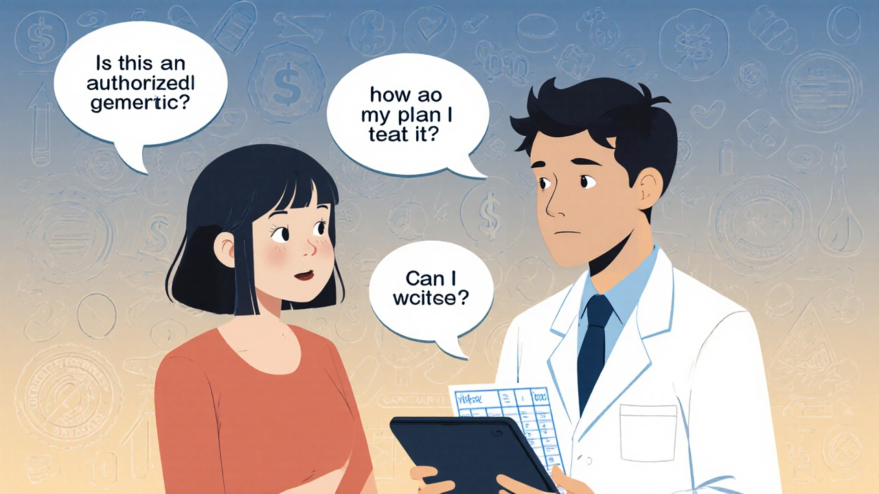 Patient asking pharmacist about authorized generics and insurance coverage.