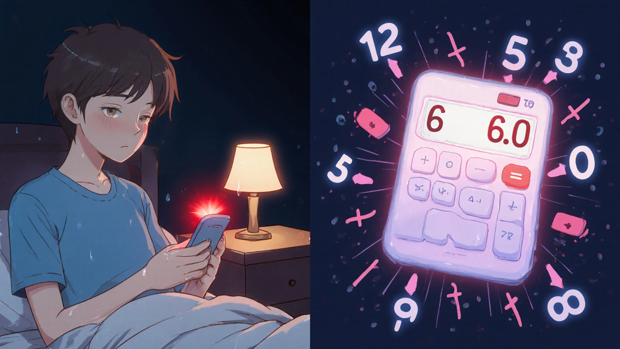 Patient checking blood sugar at night with calculator showing incorrect conversion factor