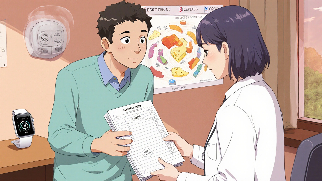 Patient handing a handwritten symptom log to a doctor, with holographic trigger heatmap in the background.