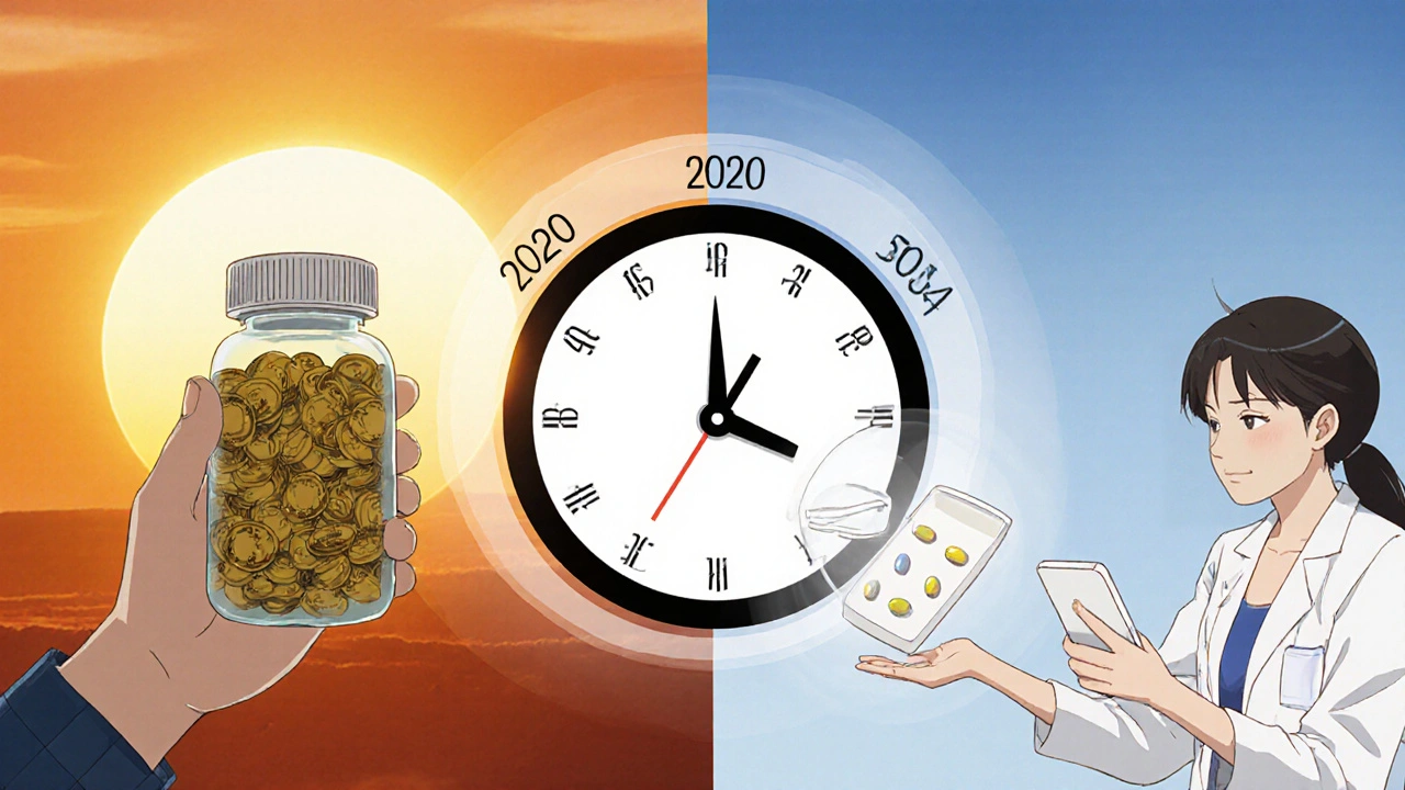 Patient holding branded pill next to generic pills, with a patent expiration clock overlay.