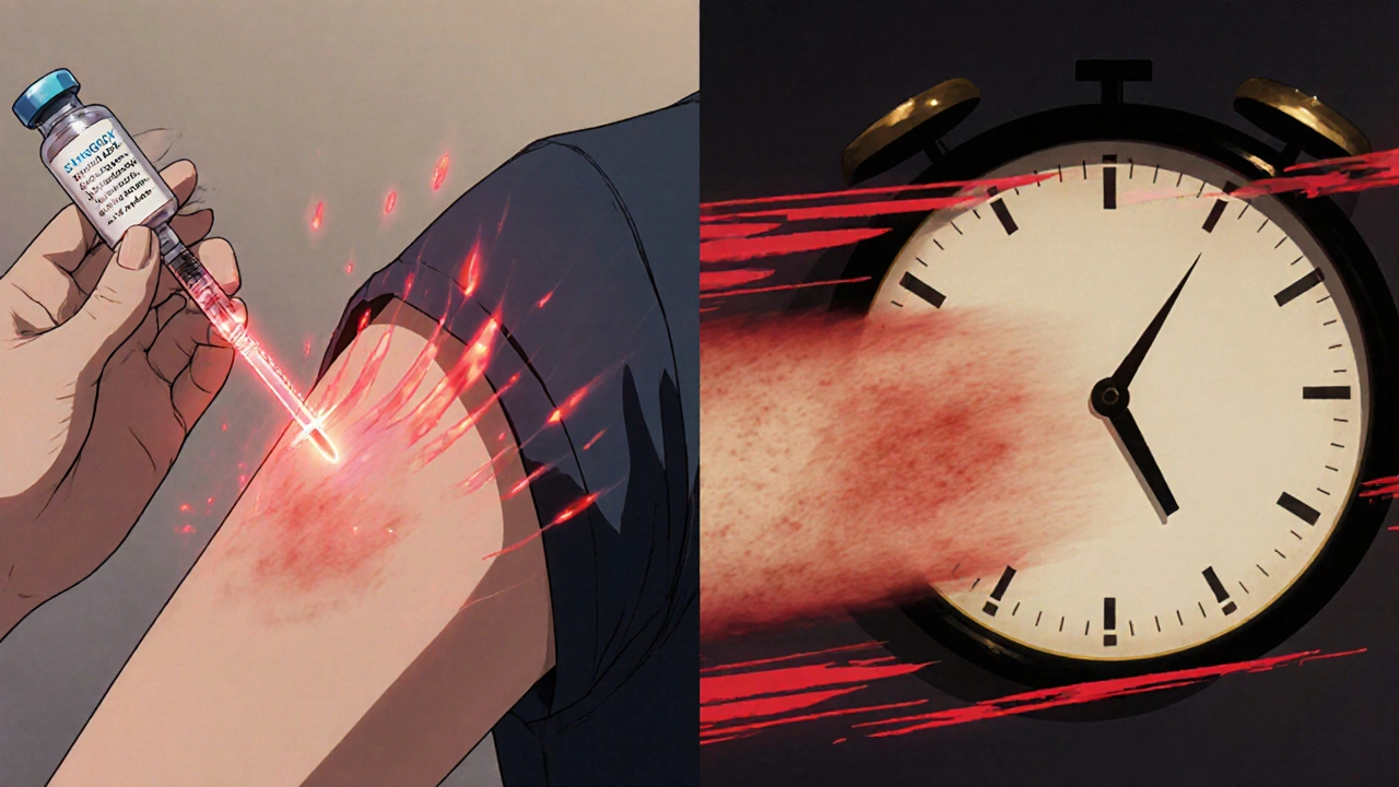 Patient receiving shingles vaccine as glowing antibodies rise, shadow of rash spreading beside them