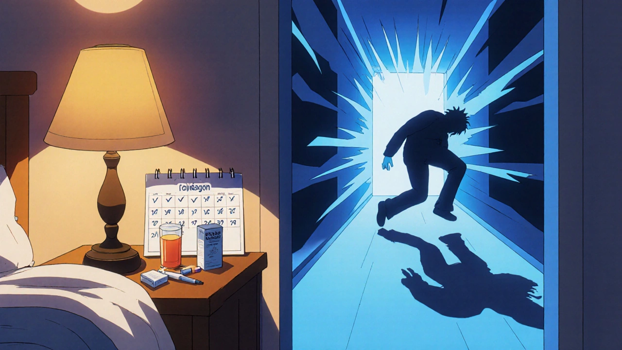 Person collapsing from low blood sugar, glucose supplies visible on nightstand