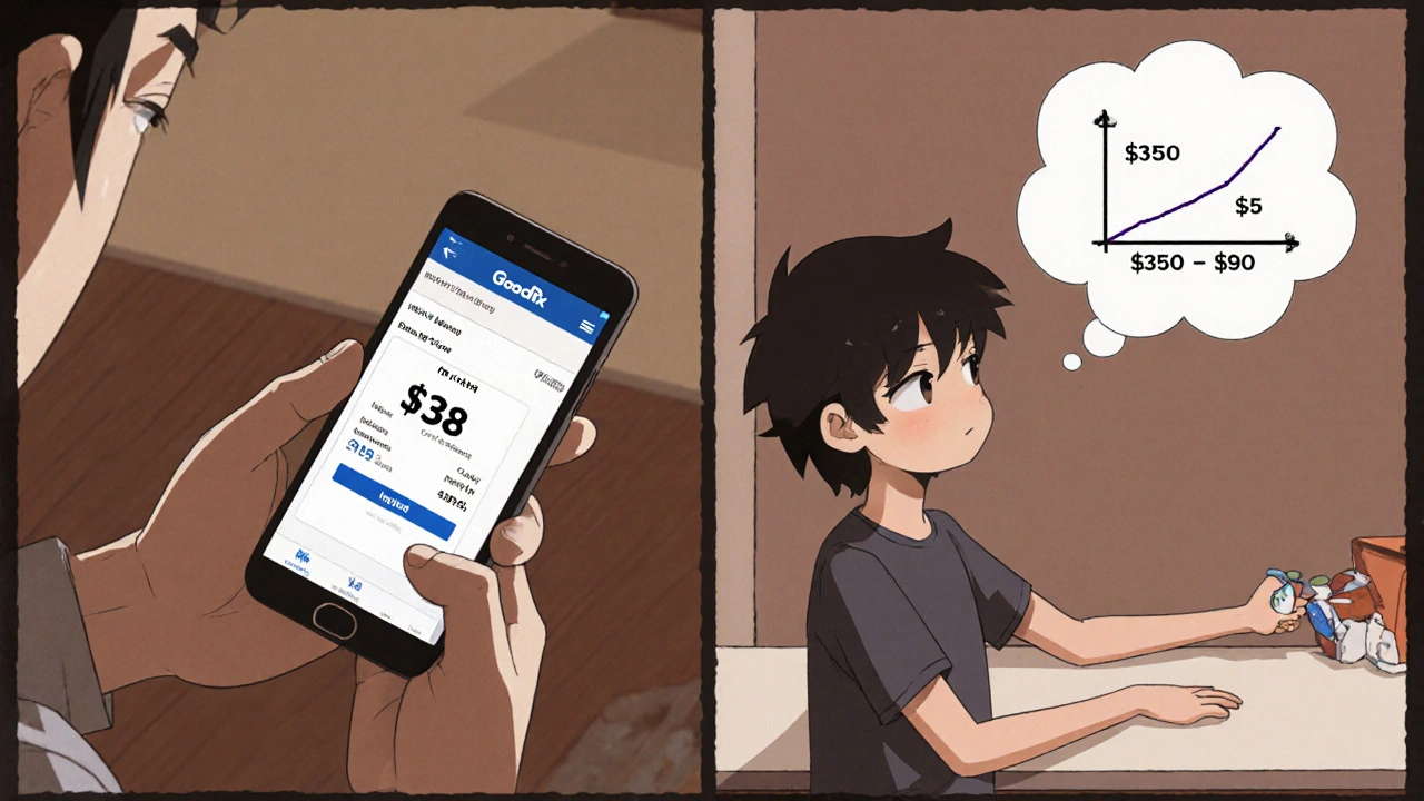 Person comparing insurance copay with cash price for insulin using a GoodRx app.