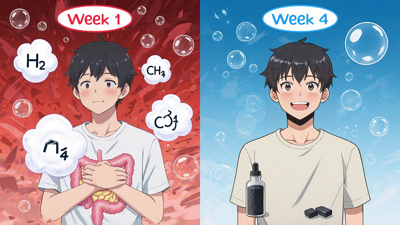 Side-by-side comparison of severe gas symptoms in week one vs. calm in week four