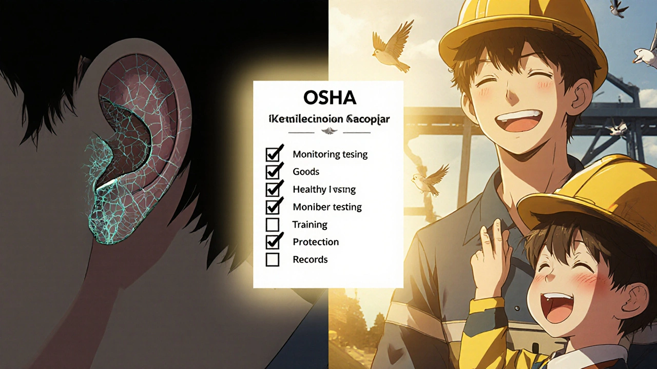 Split image showing damaged inner ear cells versus a worker hearing clearly with family.