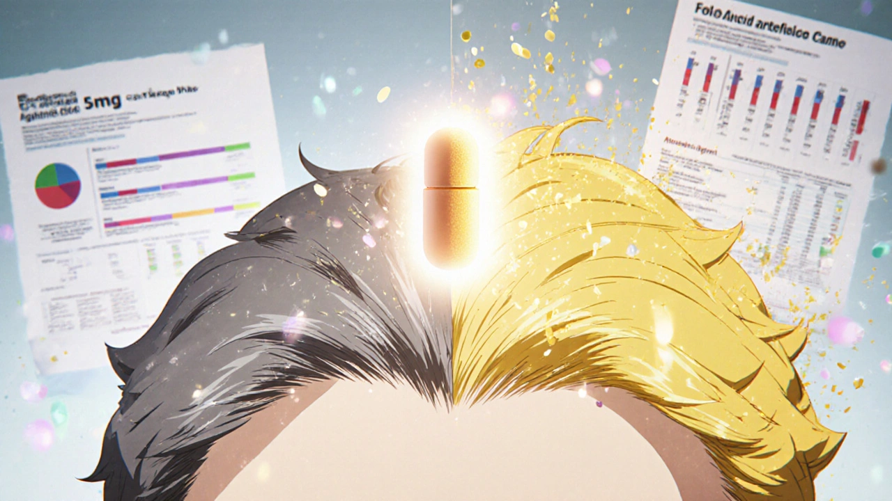 Split scalp image showing thinning hair transforming into full regrowth after folic acid