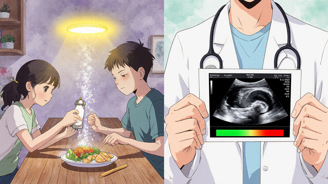 Split scene: family using iodized salt and patient viewing ultrasound of shrinking thyroid.