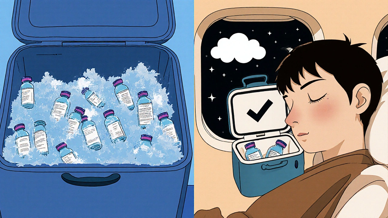 Split scene: frozen meds in cargo hold vs. safe meds in carry-on during flight under starry sky.