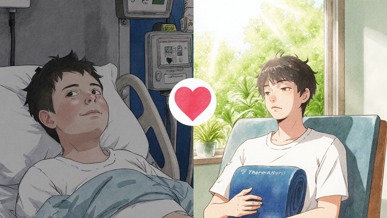 Split scene: person on dialysis vs. person using heat wrap and physical therapy, symbolizing recovery.