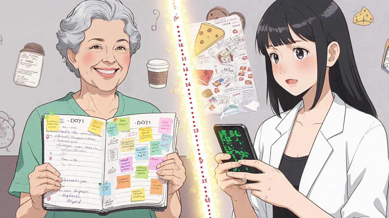 Split scene showing older woman with journal vs younger woman stressed by app notifications, with timeline of improvement.