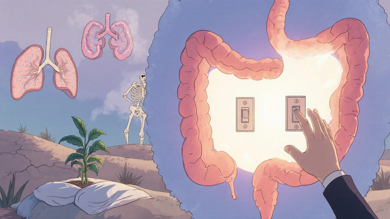 Stomach with turned-off acid pump, failing H2 blocker, and damaged organs as a plant grows in place.