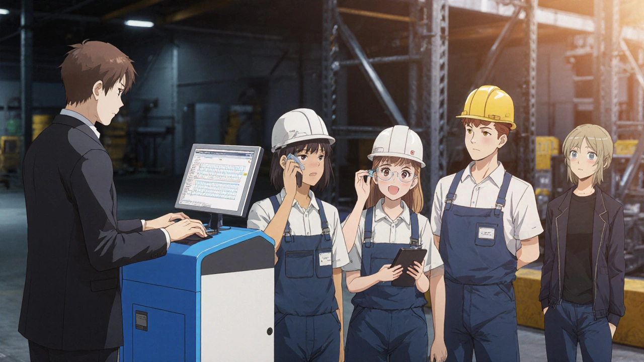 Technician conducting audiometric testing with workers waiting in line at a warehouse.