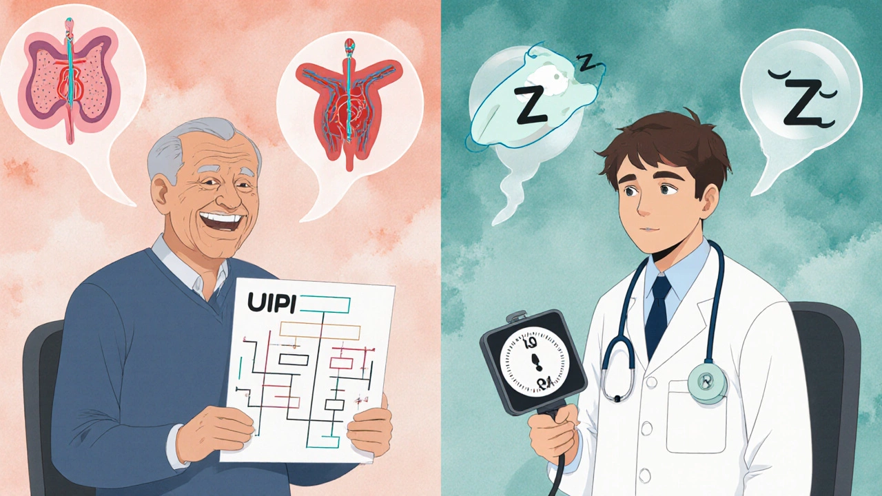 Two men in doctor&#039;s office showing improved urine flow and blood pressure
