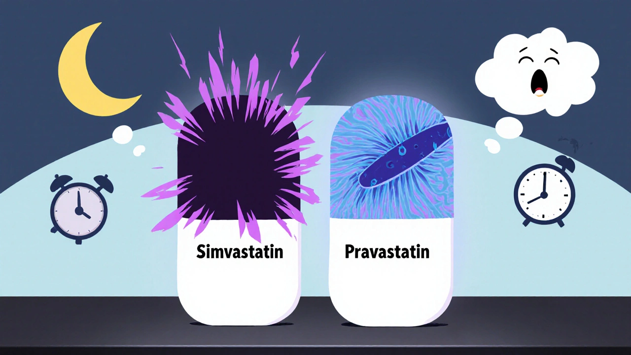 Two statin pills side by side, one emitting dark energy toward a brain, the other staying within a blood vessel.