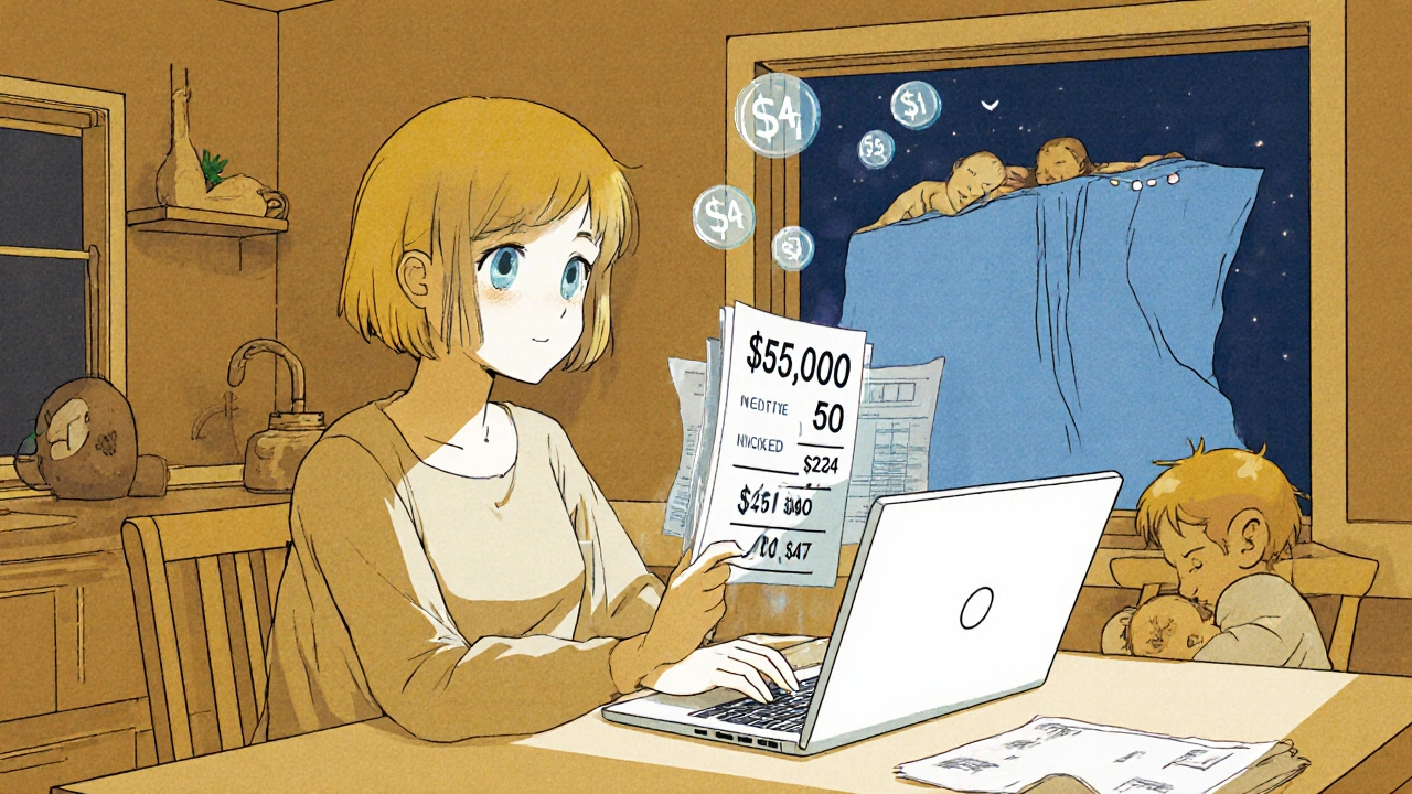 Woman at kitchen table comparing health insurance premiums with child sleeping nearby.