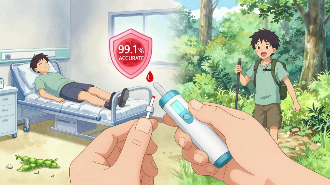 A child getting a quick G6PD test as a blood droplet turns into a shielded red blood cell, with contrasting scenes behind.