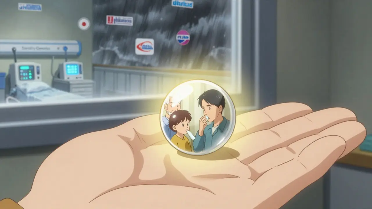 A generic pill glowing with reflections of saved lives, while corporate logos storm in the background.