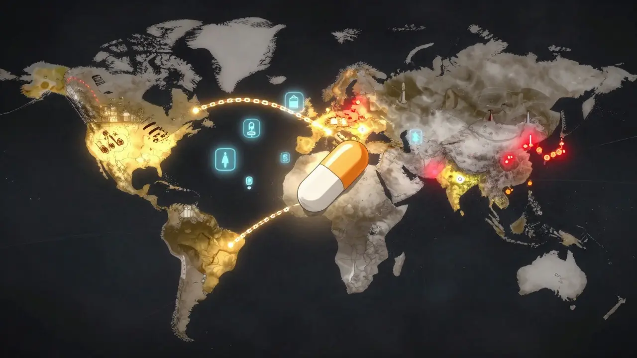 A global map showing safe and unsafe drug supply chains with digital tracking.