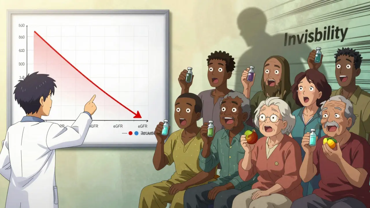 A nephrologist showing improved kidney function charts alongside hopeful patients holding treatment.