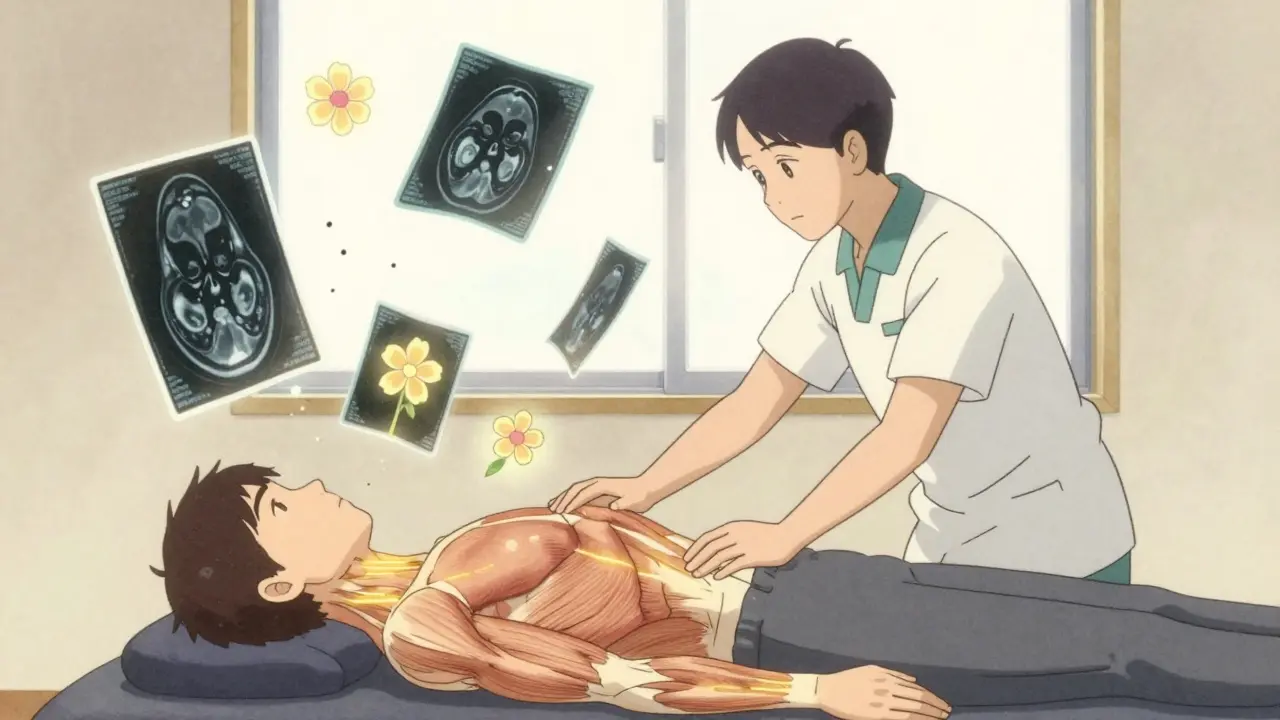 A patient performing core stabilization exercises with golden energy lines guiding their spine, in anime style.