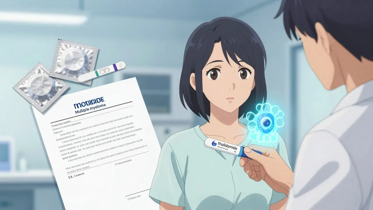 A patient receives thalidomide today under strict safety protocols, with biological mechanisms symbolically shown.