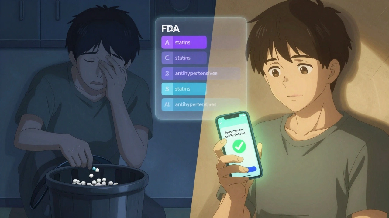 A patient using a phone app to identify a generic pill, with reassurance on screen.