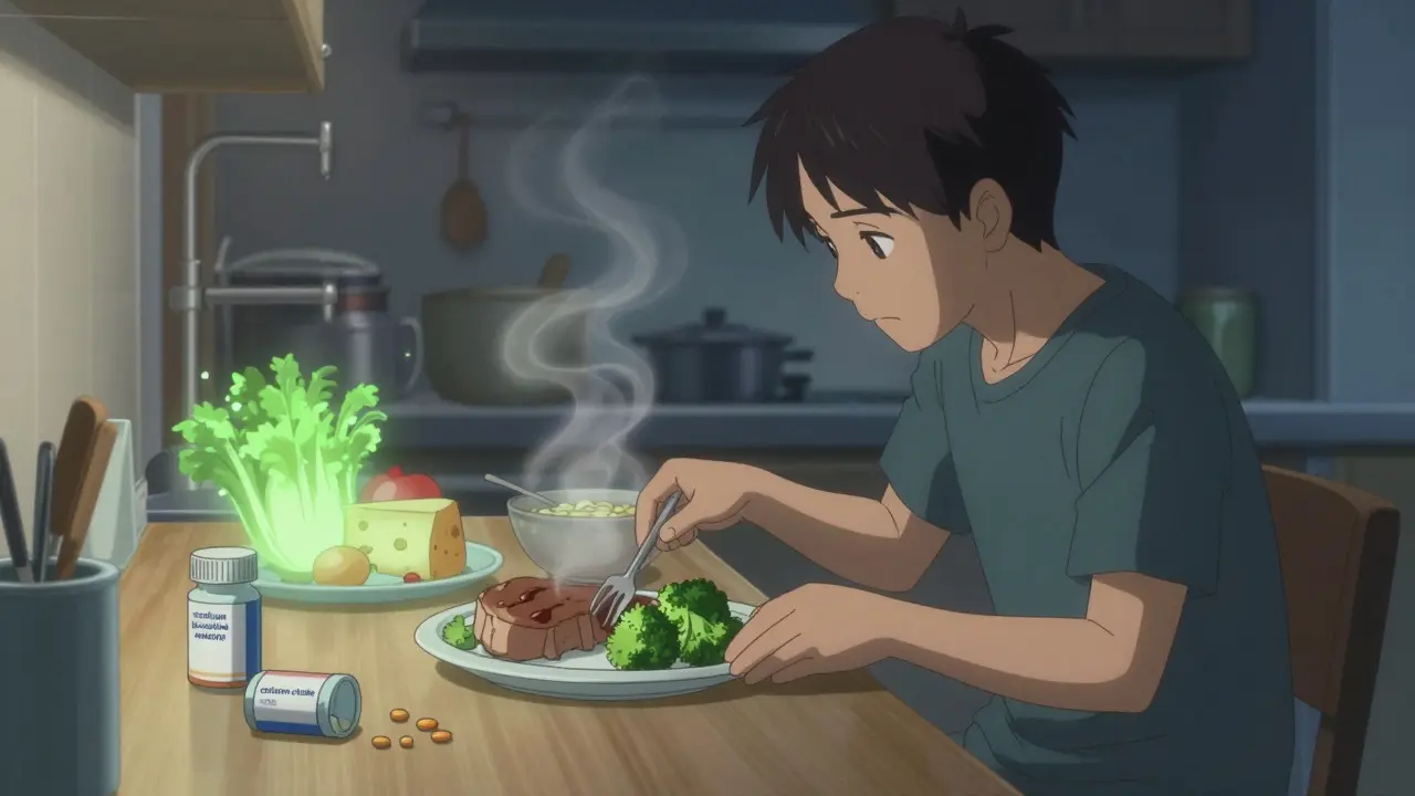 A person swapping meat for vegetables on a plate, with fruits and legumes glowing softly.