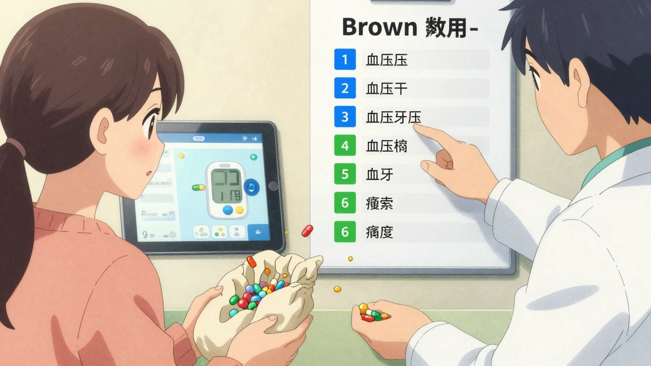 A pharmacist helping a patient sort medications during a Brown Bag review.