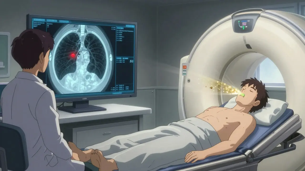 A radiologist views a lung scan on a hologram while a patient lies calmly on a CT table.