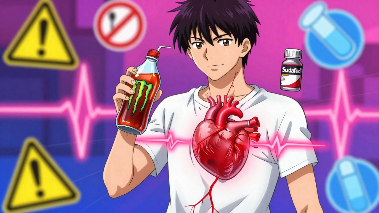 A young adult with a pulsing heart, holding an energy drink and decongestant, surrounded by warning symbols.