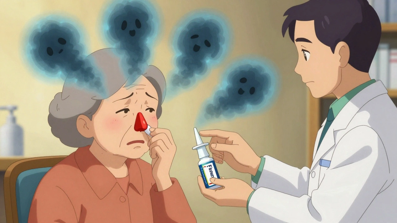 An older woman with rebound congestion, surrounded by dark clouds, as a pharmacist offers a safer nasal spray.
