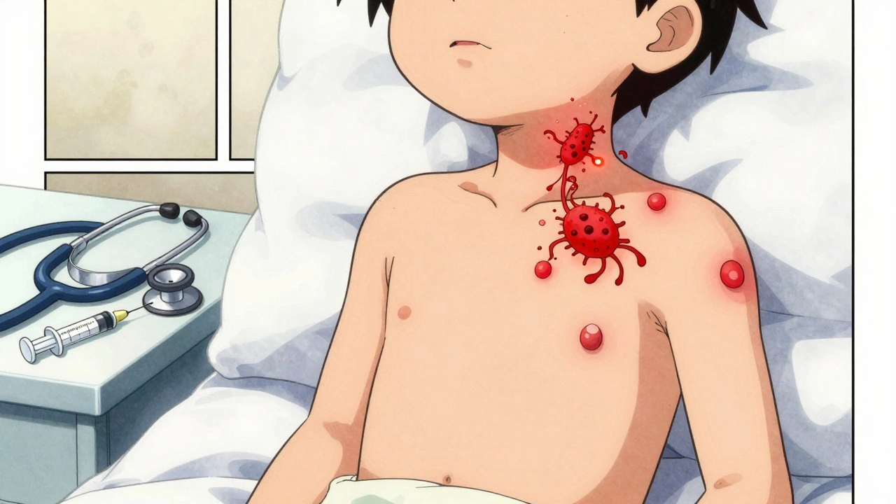 Child with guttate psoriasis patches, glowing bacteria near neck, medical supplies nearby.