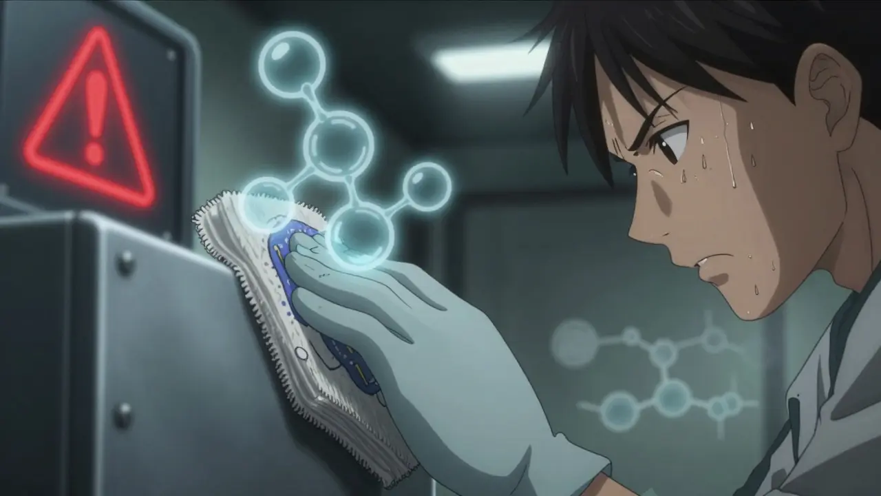 Close-up of a technician wiping a machine, ghostly chemical molecules and warning symbol flickering above.