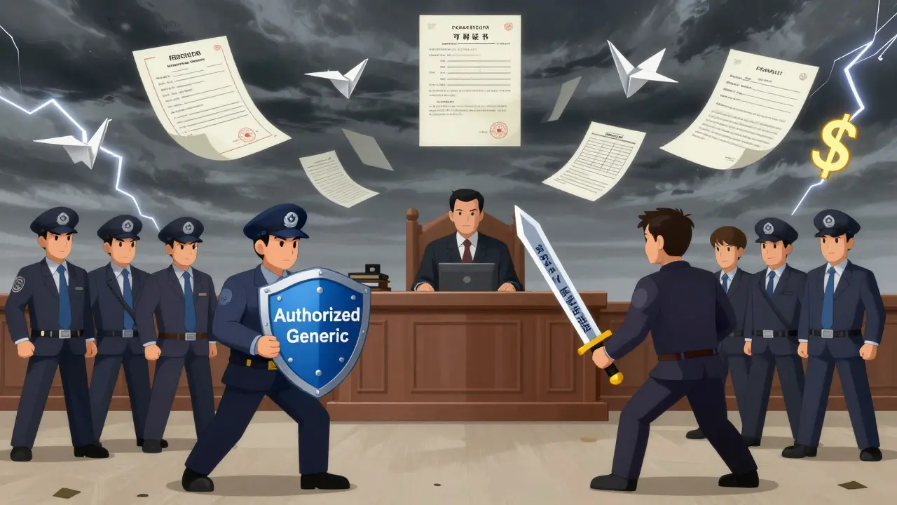 Courtroom with floating legal documents and two corporate teams facing off, one holding an authorized generic shield, the other a Paragraph IV sword.